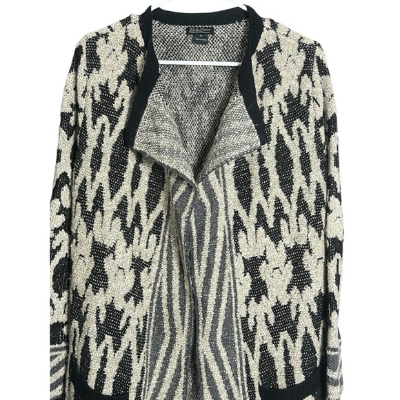 Lucky Brand Womens Black Beige Gray Open Front Geomstric Cardigan Sweater Size M - Picture 2 of 13